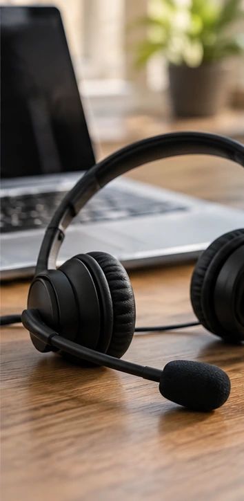 Auriculares de call center junto a una computadora